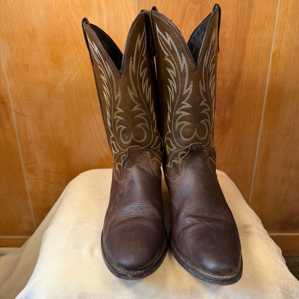 Laredo Brown Leather Vamp Western Cowboy Boots 9.5 M Round Toe Stitched